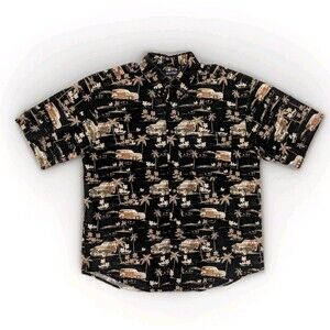 Puritan Men’s Large Hawaiian Shirt Black Woody Car Palm Tree Surf Print Cotton